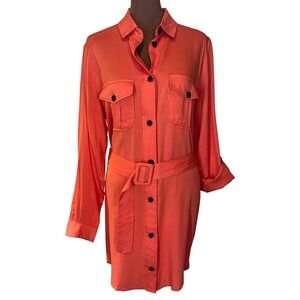 Posh‎ Shop Shirt Dress Women Medium Coral Orange Belted Button NWOT Safari